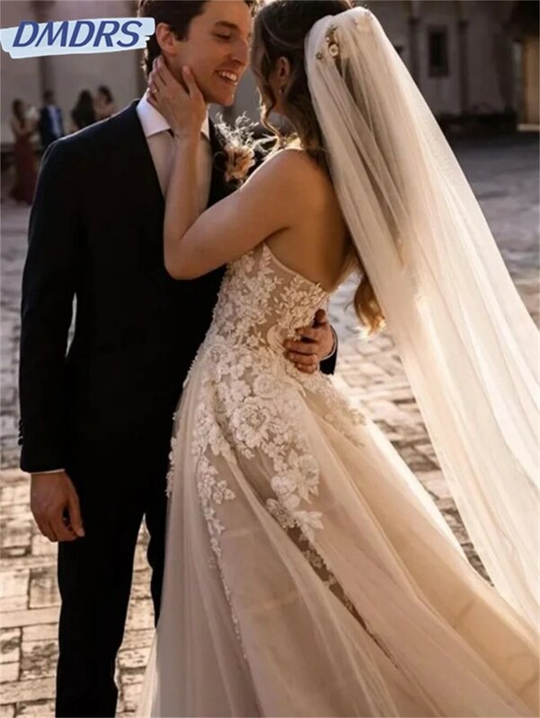 Gaun pengantin tanpa tali elegan 2024 gaun pernikahan Tulle Menawan romantis gaun panjang selantai A-Line Vestidos De Novia