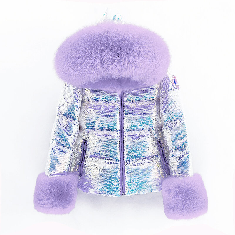 2023 오버사이즈 여우 모피 칼라 자수 스팽글 다운 재킷, 두꺼운 따뜻한 후드 여성 짧은 코트, 겨울 신상