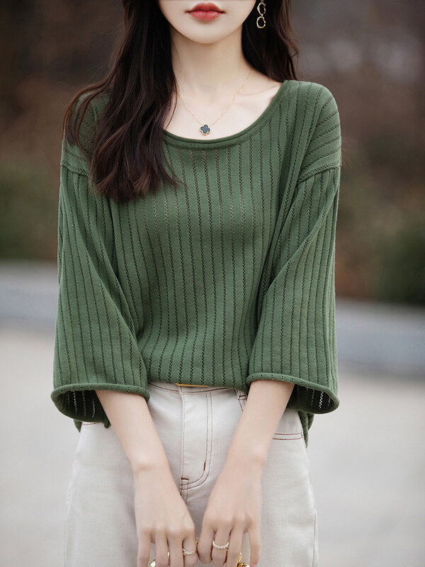 Jersey de algodón de media manga para mujer, Camiseta de punto hueca, suéter fresco, versión suelta, talla grande, Verano