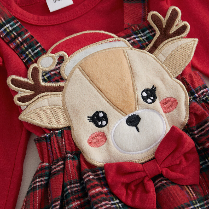 VISgogo 3Pcs Baby Girl Clothes Christmas Outfit Ruffle Long Sleeve Romper Cartoon Elk Embroidery Plaid  A-Line Skirt Headband