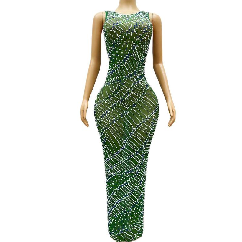 Sexy See Through Women Cocktail Formal Occasion Gowns Green Diamond Black Girl Long Prom Dresses 2024 for Birthday Party Huatian