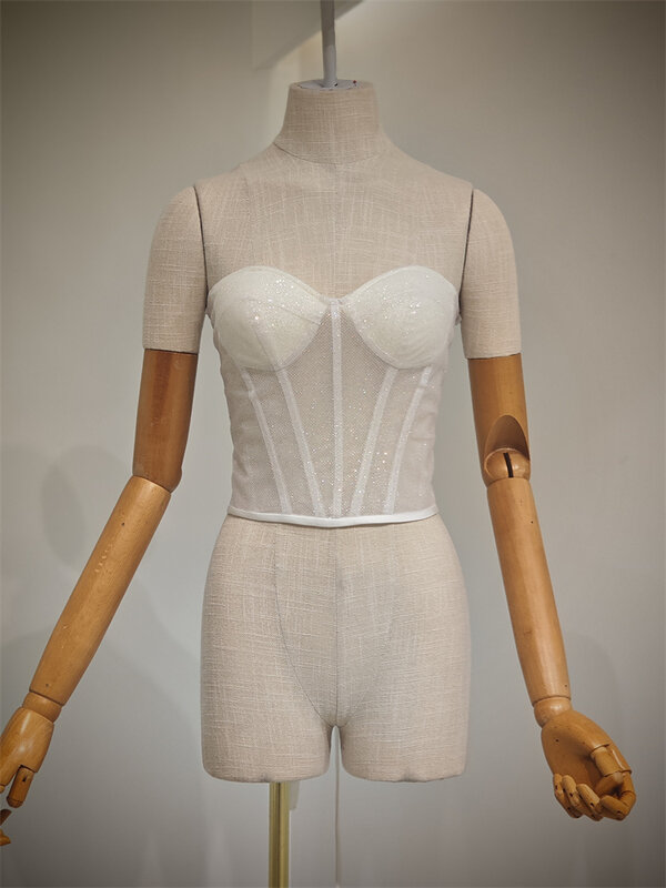 See Through Body Shapewear Hollow Out Bridal Corset Shinning Fabric With Bones Lace up back