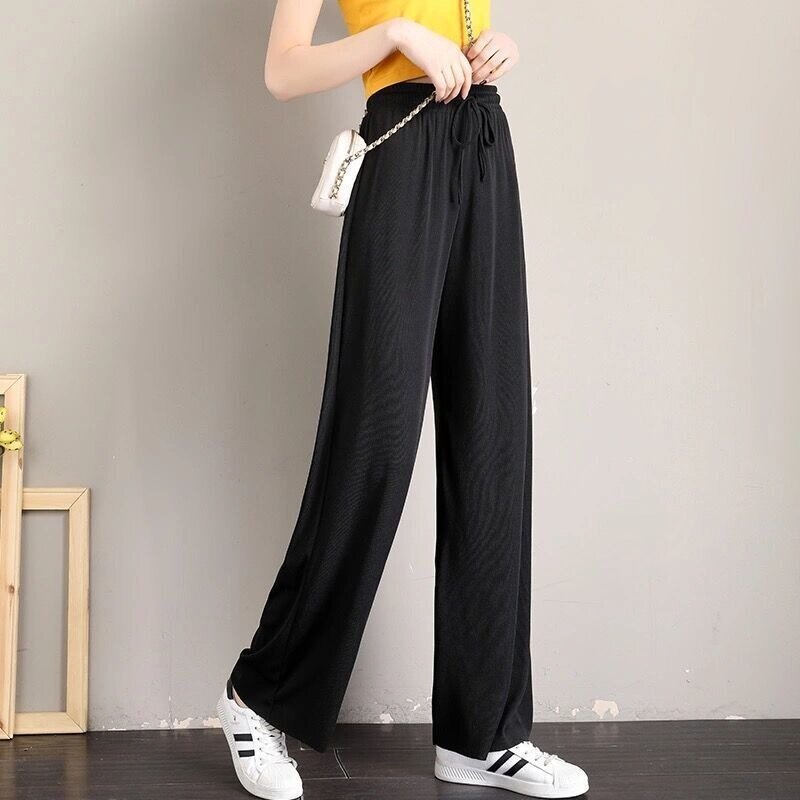 Ice Silk Wide Legged Pants for Women's Summer High Waist  Loose Straight Casual Pants Versatile Lady Drawstring Trousers SA999