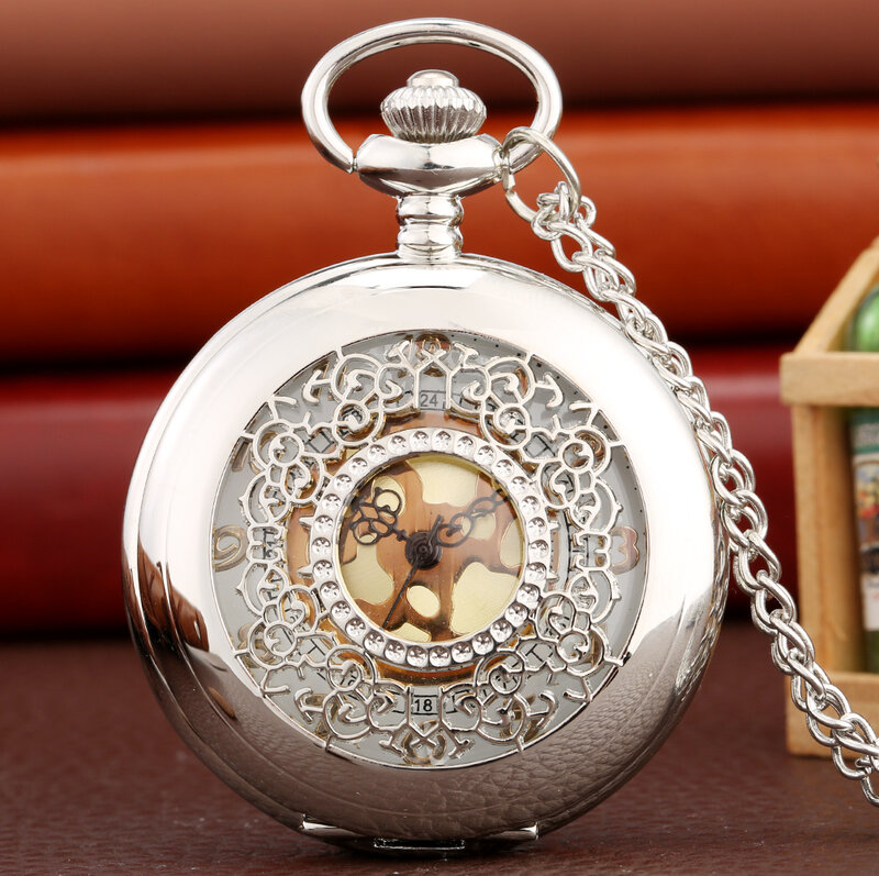 Vintage Pendant Hollow Exquisite Grilles Elegant Retro Gift Men Women Pocket Watch with Silver Quartz Necklace Chain Pocketwatch