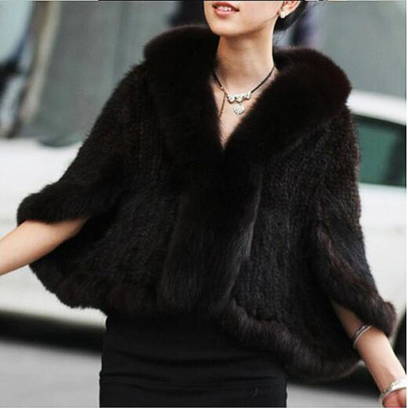 Luxury Ladies Autumn Winter Genuine Knitted Mink Fur Shawls Fox Fur Collar Women Fur Pashmina Wraps Bridal Cape Coat Jacket