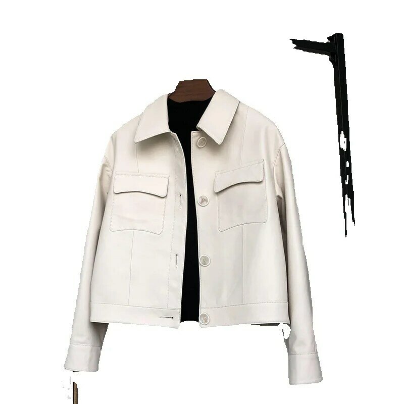 Spring New Genuine Leather Coat Women's Short Genuine Sheepskin Fashionable Square Neck Coat