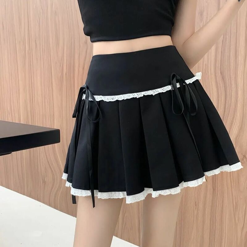 Pleated Skirt Patchwork Lace Pleated Y2k Skirts Women Bows Light Exposure Prevention Decoration A-Line Mini Skirt Harajuku 2024