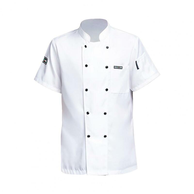 Unisex manga curta Chef camisa, cozinha Top, uniforme de cozinheiro, gola, bolso macio no peito, resistente a manchas, solto