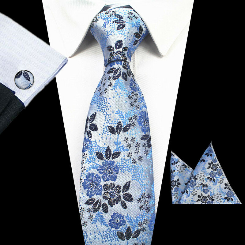 GUSLESON-Conjunto de gravatas de seda floral masculino, lenço, abotoaduras, casamento, festa formal, prateado, 100% seda, 8cm