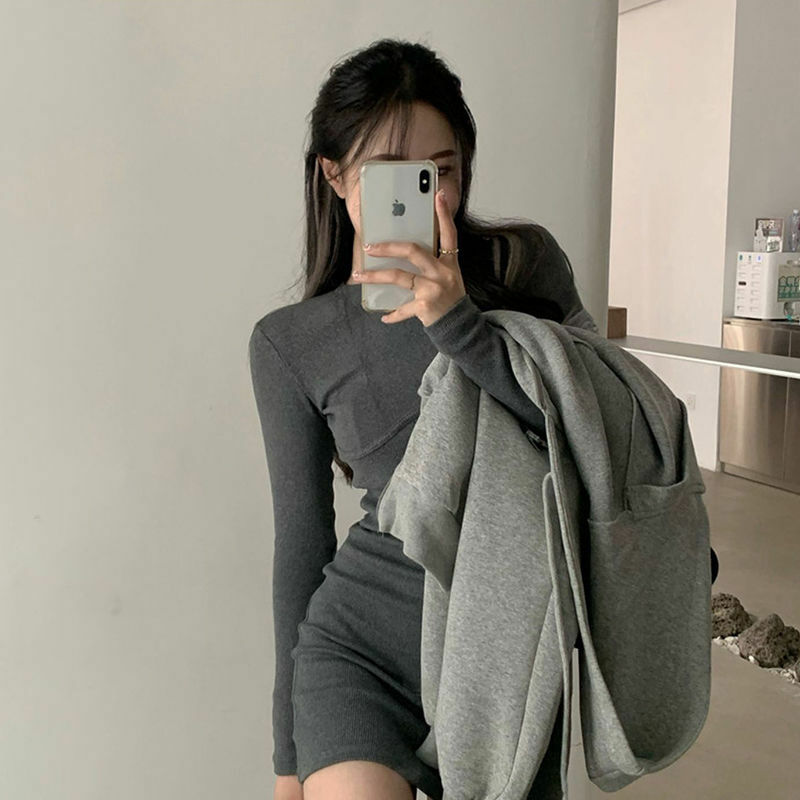 Sets Women Bodycon Mini Dress Hoodies 2 Pieces Casual All-match Korean Style Harajuku Streetwear Girl Fashion New Ins Hot Outfit