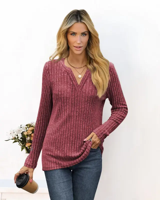 2024 European and American Autumn/Winter New Solid Color V-neck Loose Casual Long sleeved T-shirt Top for Women YBF43-3