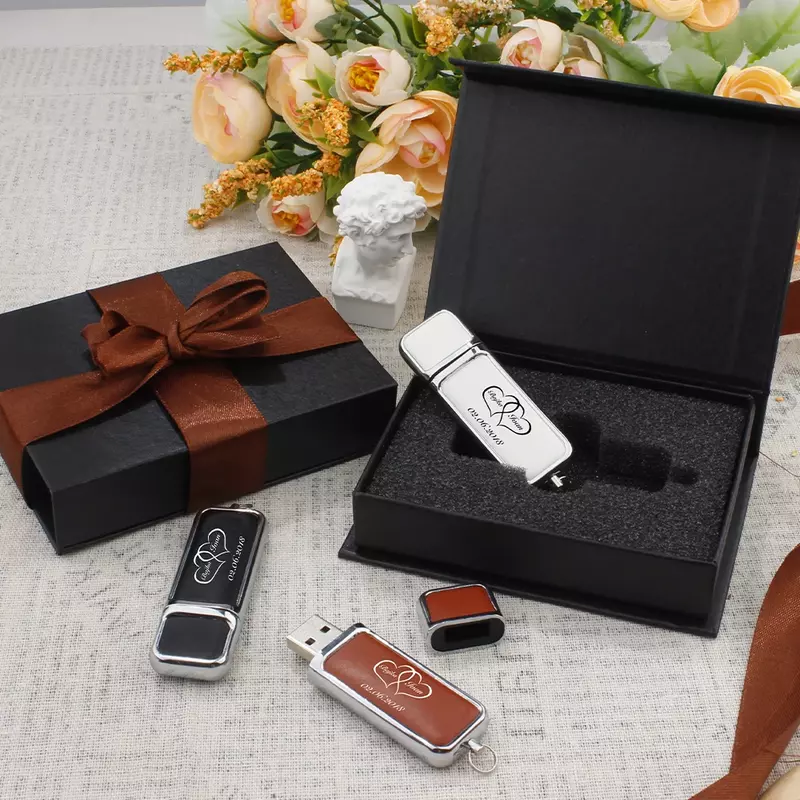 Unidad Flash USB 2,0 de cuero, pendrive con logotipo personalizado gratuito, 64GB, 32GB, regalo de boda, 5 unidades por lote