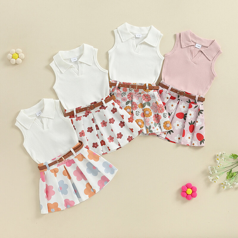 Suefunskry-Conjunto de 2 piezas para niña, traje de verano de punto acanalado, camiseta sin mangas, falda con estampado de flores/fresas y cinturón