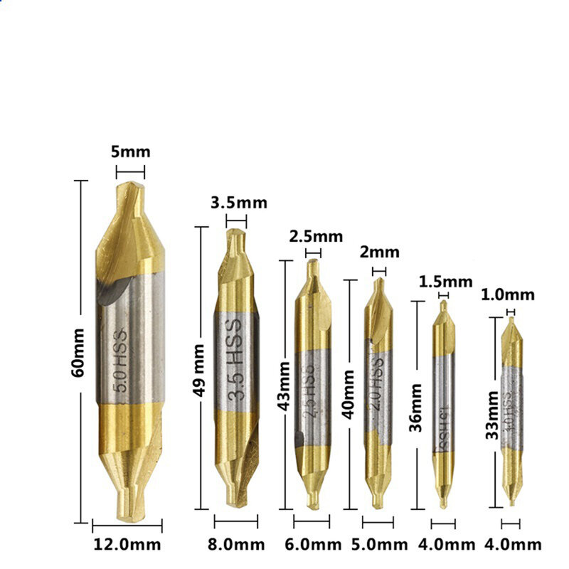 6pcs High Speed Steel Combined Center Drills 1.0-5.0mm Two Ends Titanium Plated Metalworking Hole Drilling Combination Drill Bit