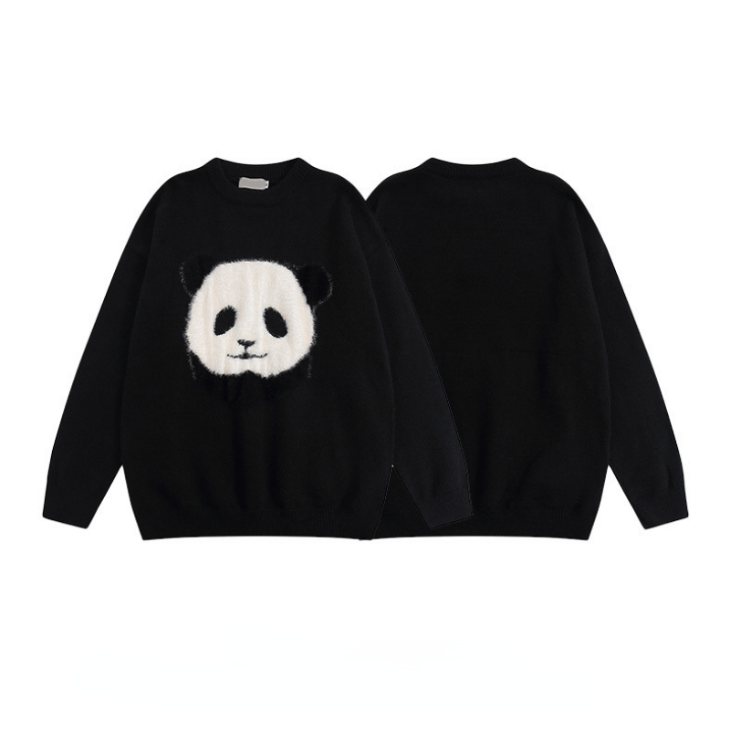 Panda gigante dos desenhos animados suéter estampado, pescoço redondo preguiçoso, combinando cores, blusa casual de malha neutra, pulôver de inverno