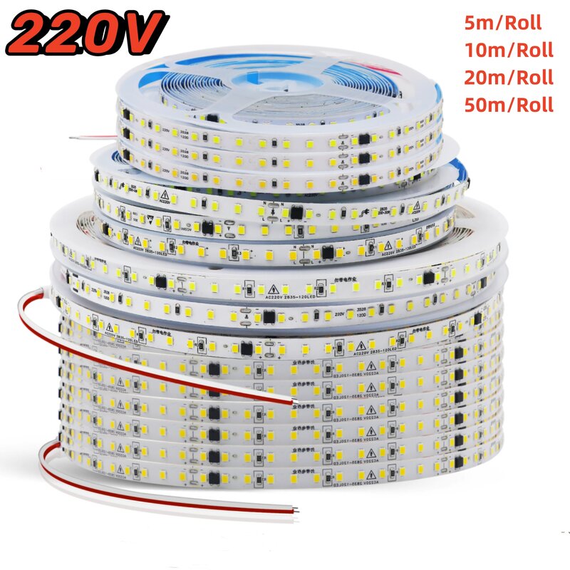 접착식 LED 스트립 라이트, 220V, 230V, SMD2835, 120LED/M IC, IP44 방수, 절단 가능한 테이프, 쿨, 내추럴, 웜 화이트, 5m, 10m, 20m, 50m