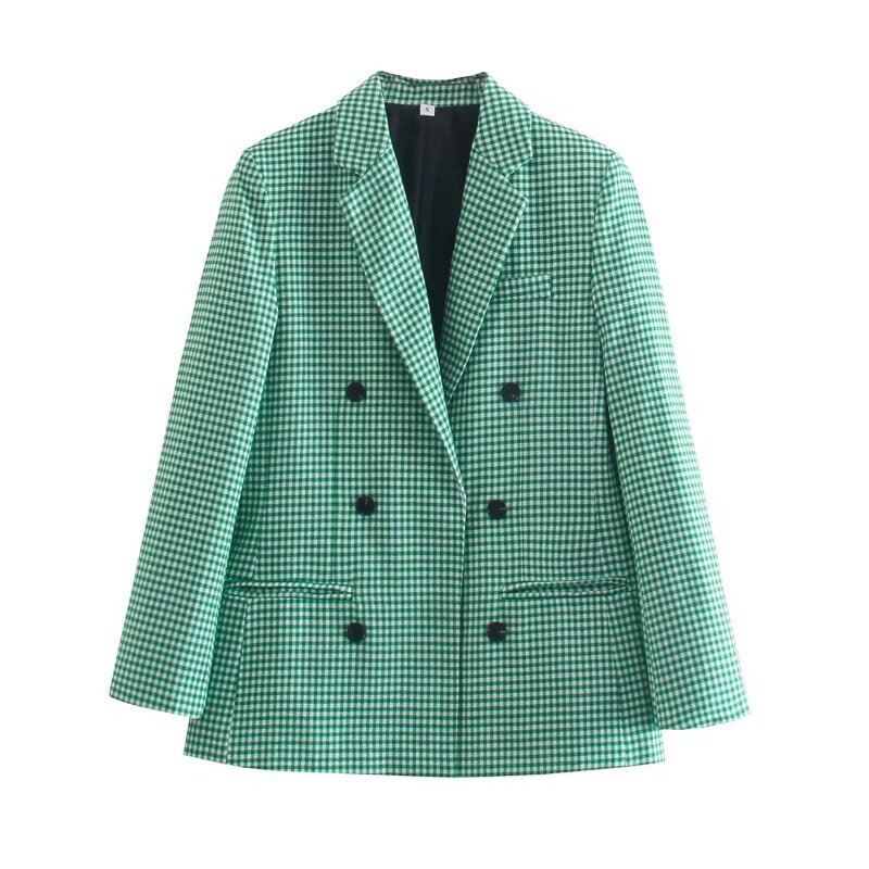 Blazer xadrez retrô estilo britânico para mulheres, comprimento médio simples, trespassado duplo, blazers de escritório casuais, terno feminino de viagem de trabalho
