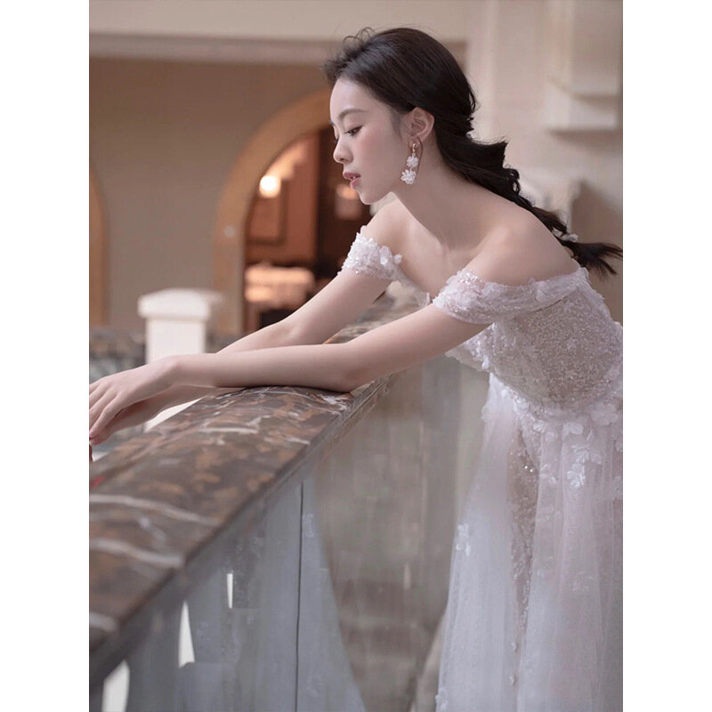 Bride White Applique Long A Line Tulle Wedding Dresses Off The Shoulder Prom Gowns Sexy Formal Party Dress