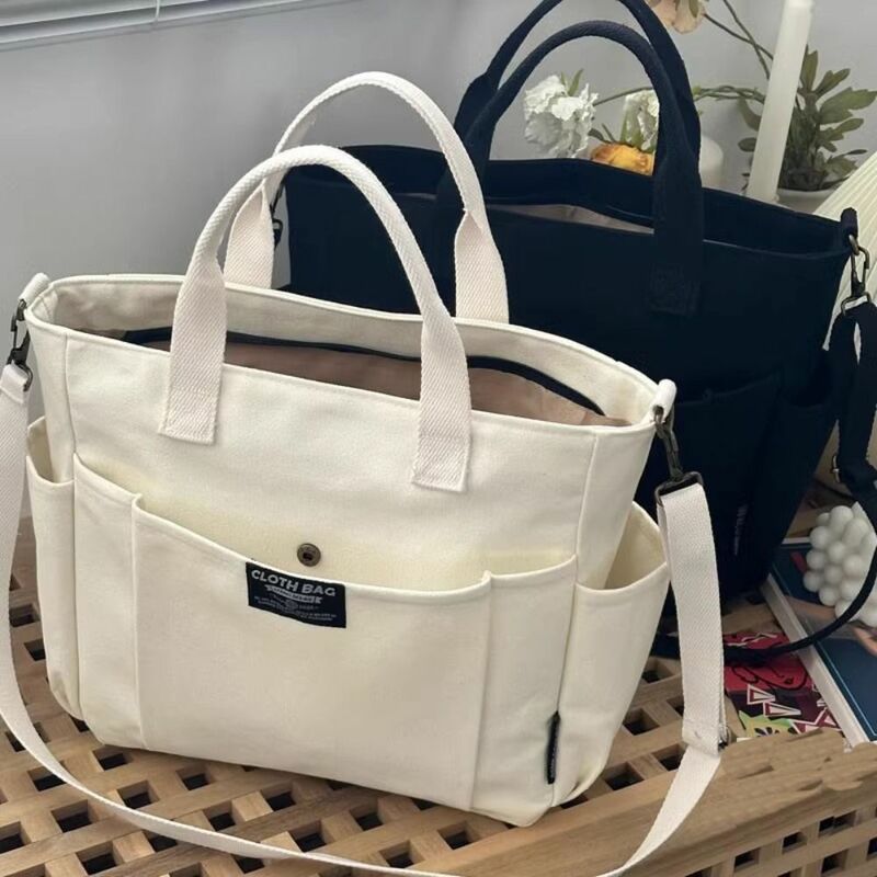 Multi Pocket Canvas Tote Bags New Large Capacity Fashionable Women Shopping Bag Reusable Casual Crossbody Handbags