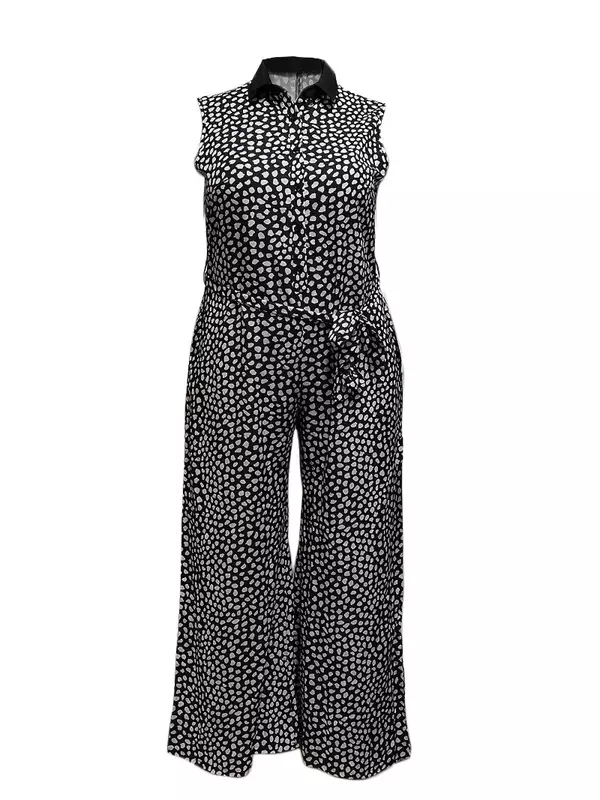 Wuhe Plus Size Fashion Women Dot Print Single Breasted Met Sjerpen Jumpsuit Met Rechte Wijde Pijpen 2024 Zomer Shirt Playsuits