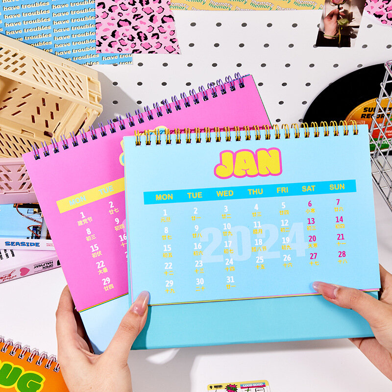 Calendario Kawaii de la serie Feliz Año Nuevo, calendario de escritorio estilo pastel de cereza, planificador de mesa de horario diario, 2024-2023,09, 2024,12