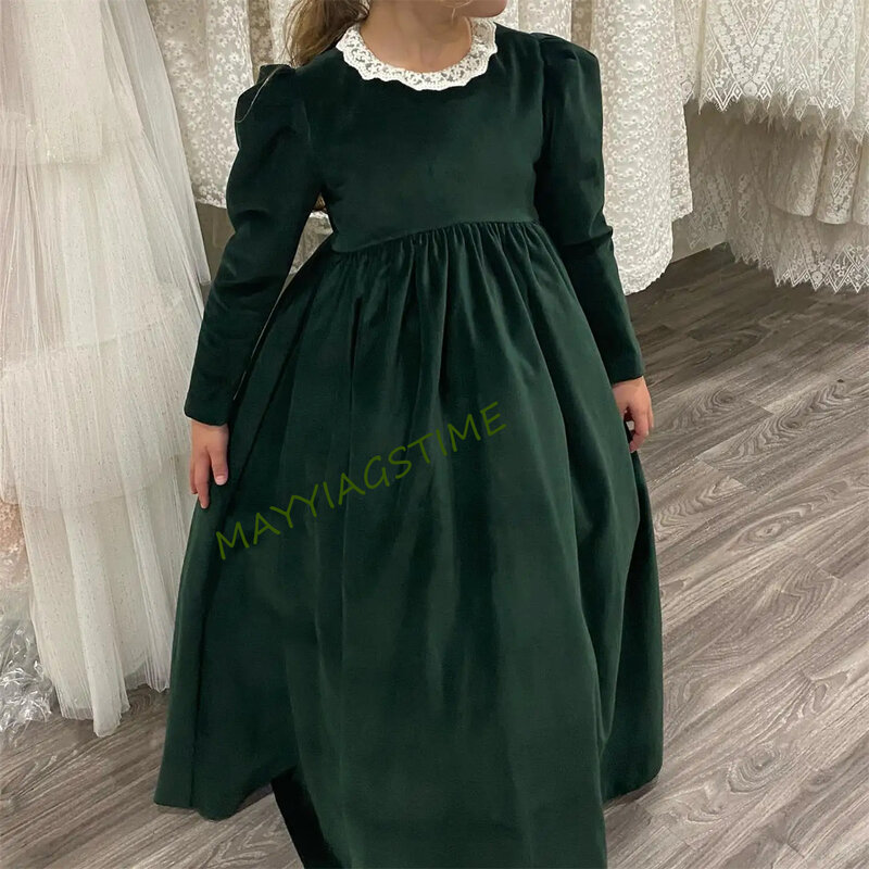 Gardenwed zielone aksamitne suknie dla dziewczynek koronkowy dekolt długie rękawy sukienki dla dziewczynek bufiasta spódnica sukienki dla dziewczynek w kwiaty