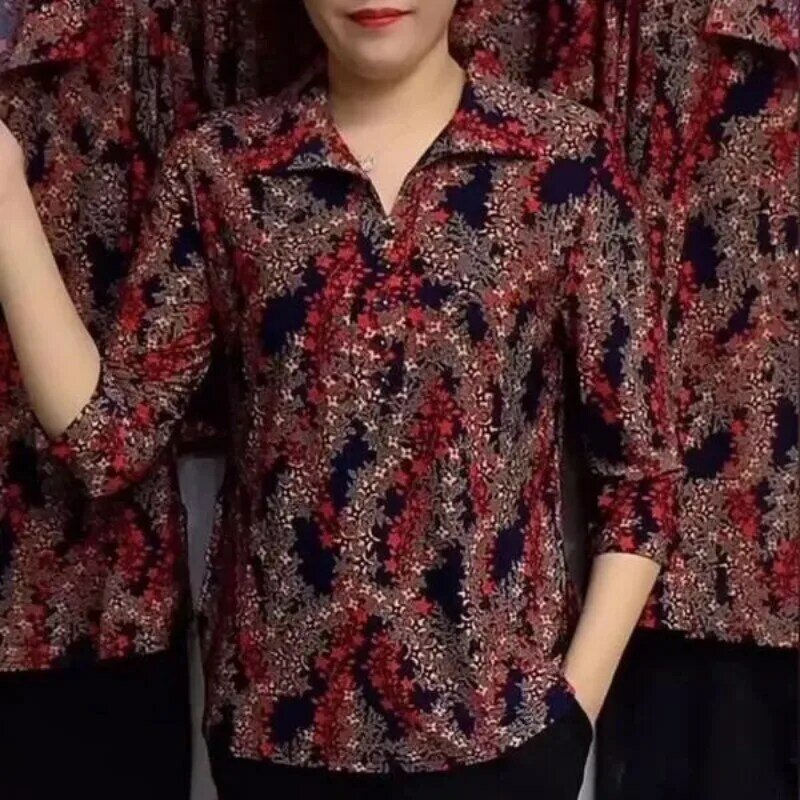 Blusa holgada informal de media manga para mujer, jersey con cuello vuelto y estampado de botones, moda elegante para verano, 2024