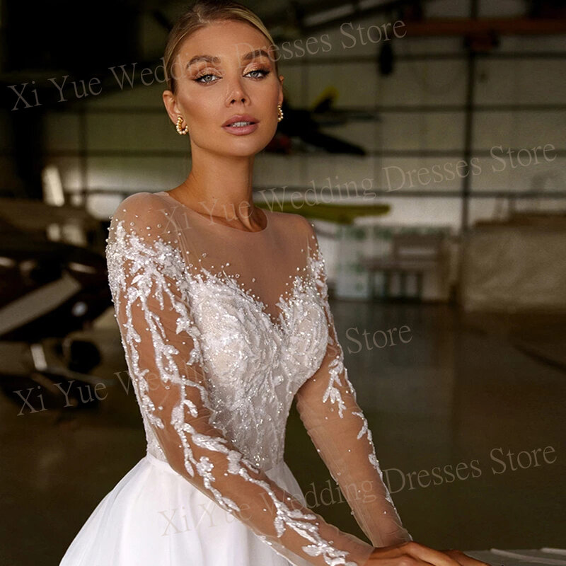 2024 Generous Graceful A Line Women's Wedding Dresses Charming Lace Appliques Bride Gowns Long Sleeve Beaded Beach فستان الزفاف