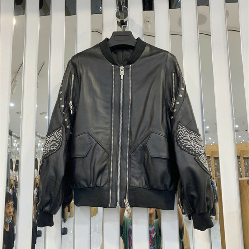 Genuine leather jacket Women's fashionable rivet loose short sheep leather jacket casual leather jacket