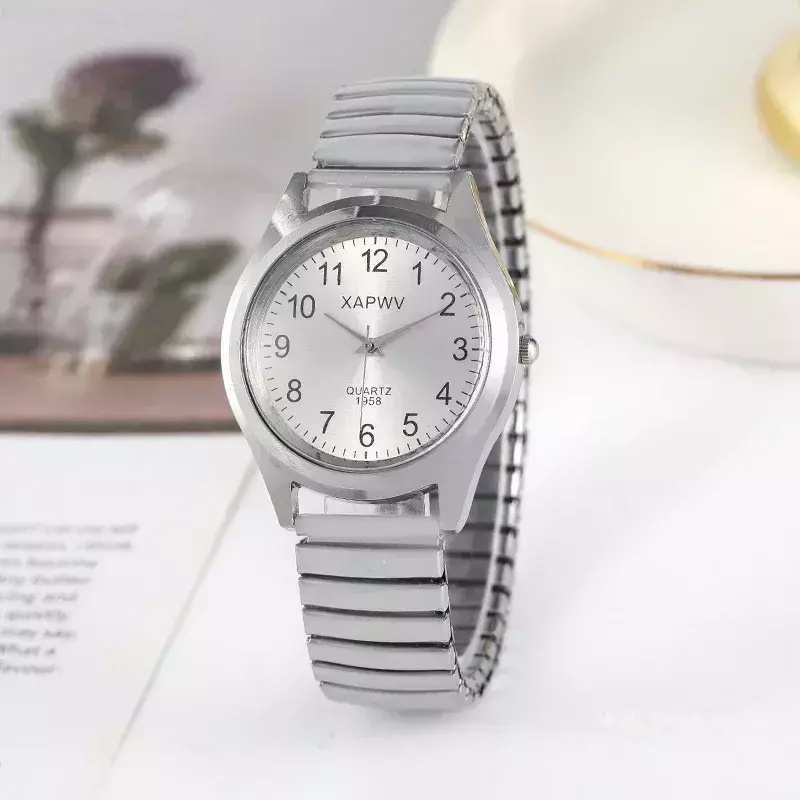 Jam tangan Pasangan Pria Wanita, jam tangan Stainless Steel gelang Aloi Bisnis gerakan elastis tali gelang Quartz