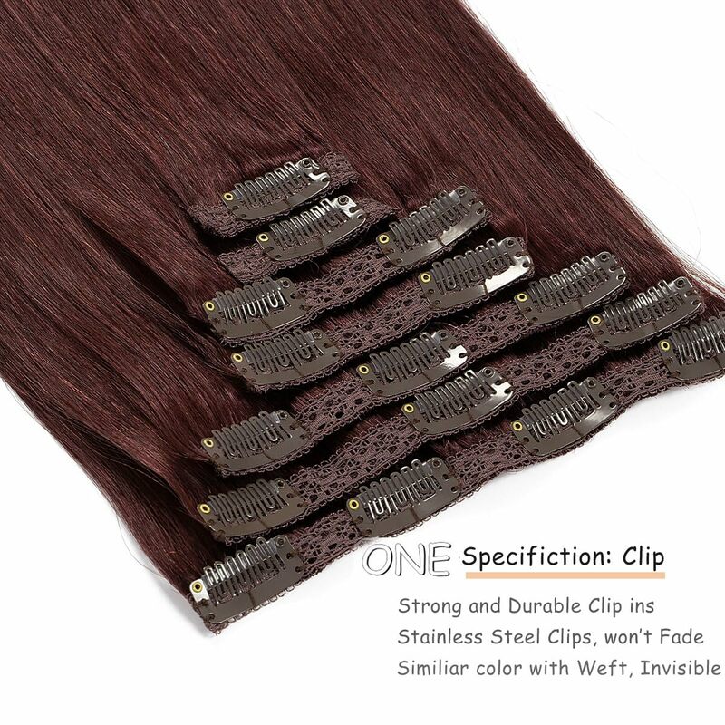 Straight Clip In Hair Extensions Human Hair Clip ins Wine Red Color 99J# Extensions Double Weft Seamless 100% Remy Human Hair