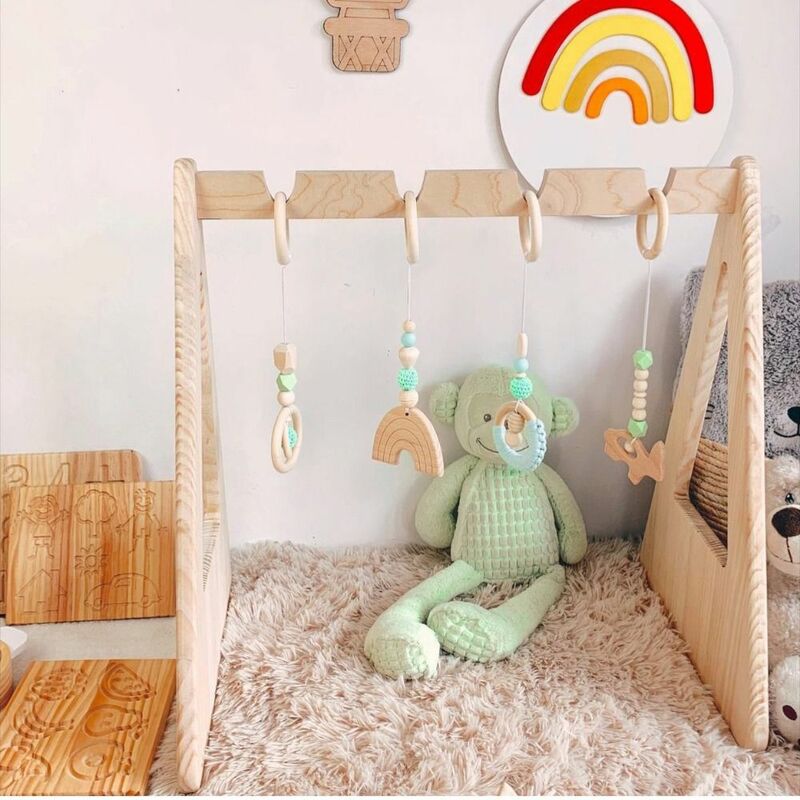 Marco sensorial de madera de haya para actividades de gimnasio, juguetes de ganchillo para bebés, marco de juego, colgante de anillo, soporte para bebés