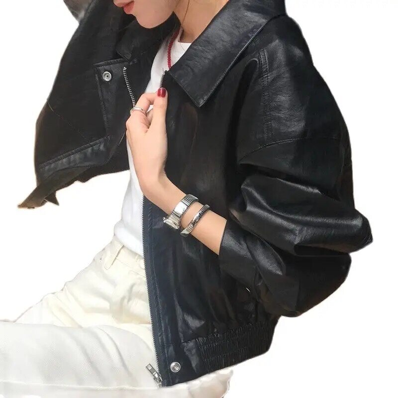 Jaket PU lengan panjang mode Eropa jaket kulit imitasi musim dingin wanita mode pacar payudara tunggal kerah lipat