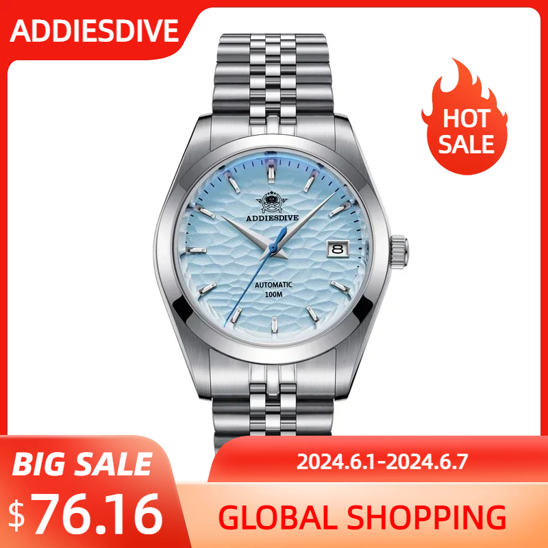 ADDIESDIVE-reloj mecánico de acero inoxidable, pulsera de lujo con esfera azul/blanca, de 39mm, 100M, AD2118