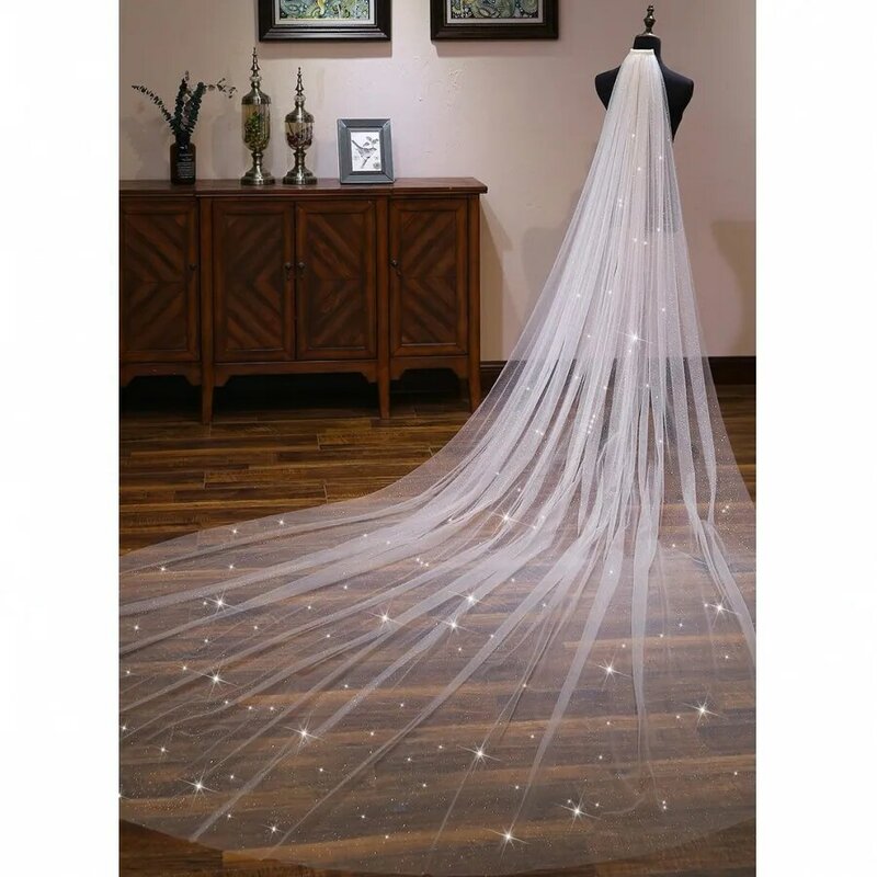 Real Photo Bridal Veil Glittering Powder Spray One Layer Cathedral Wedding Veil White/Ivory Hand Stitched Metal Comb