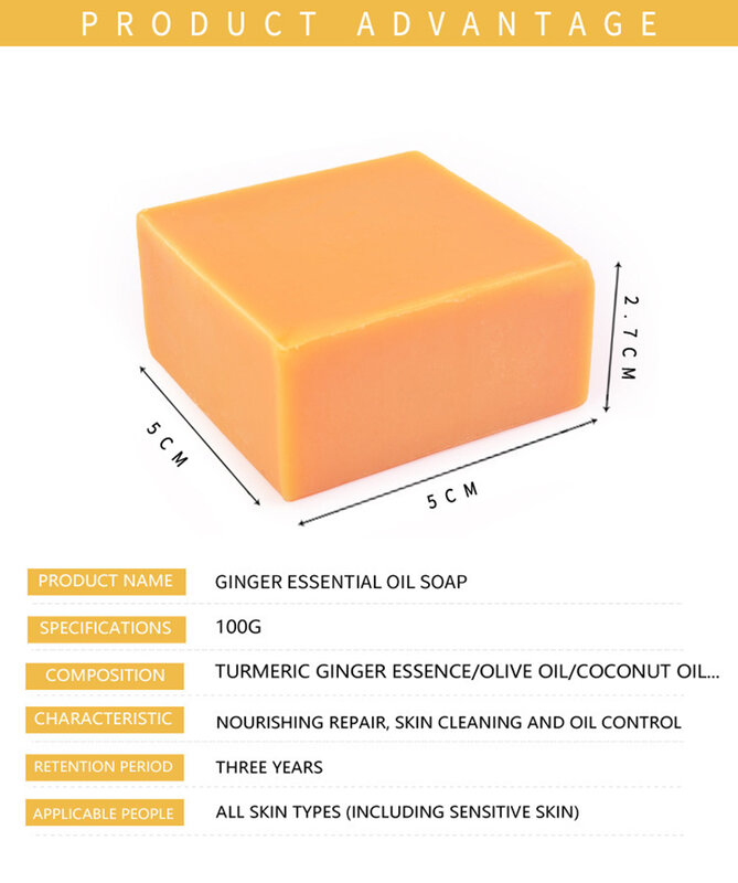 Aceite Esencial de cúrcuma, jabón hecho a mano para la eliminación del acné, Control de aceite de cutina, hidratante, blanqueador, cuidado de la piel, 100g