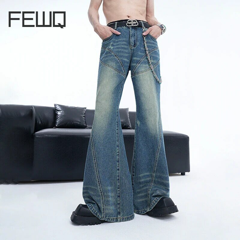 FEWQ-pantalones vaqueros rectos con diseño de nicho para hombre, Pieces de corte holgado, pantalones de mezclilla con campana, tendencia de moda de calle alta X9084, novedad de verano
