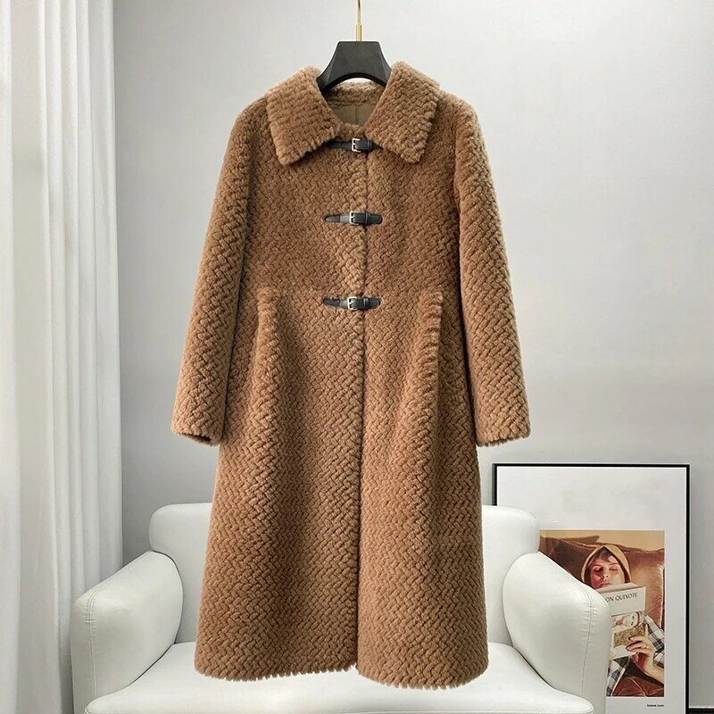 Aorice-Casaco quente longo para mulheres, pele de lã real, jaqueta de botão para senhora, moda inverno, CT326, novo