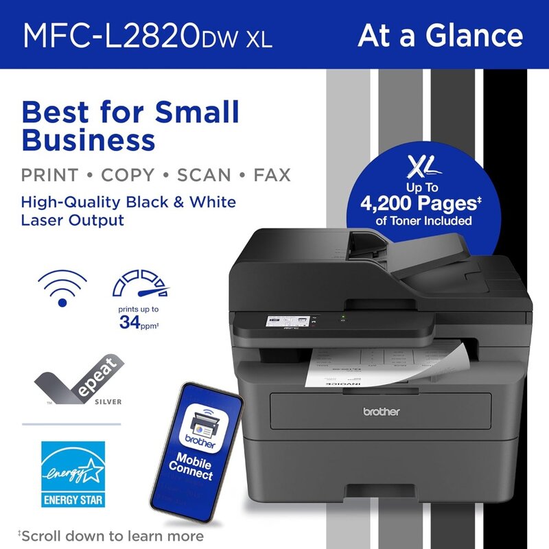 MFC-L2820DW XL Wireless Compact Monochrome All-in-One Laser Printer with Copy, Scan and Fax, Duplex, Black & White