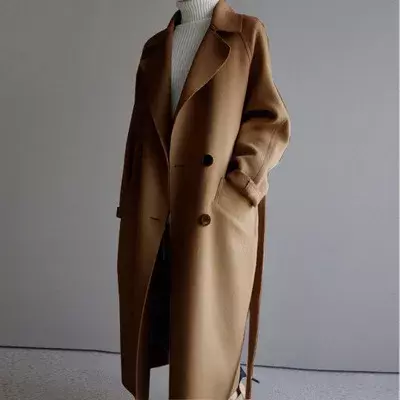 Jaket wol krem kasual wanita, mantel panjang berkerah musim gugur musim dingin elegan Vintage Korea longgar ukuran besar