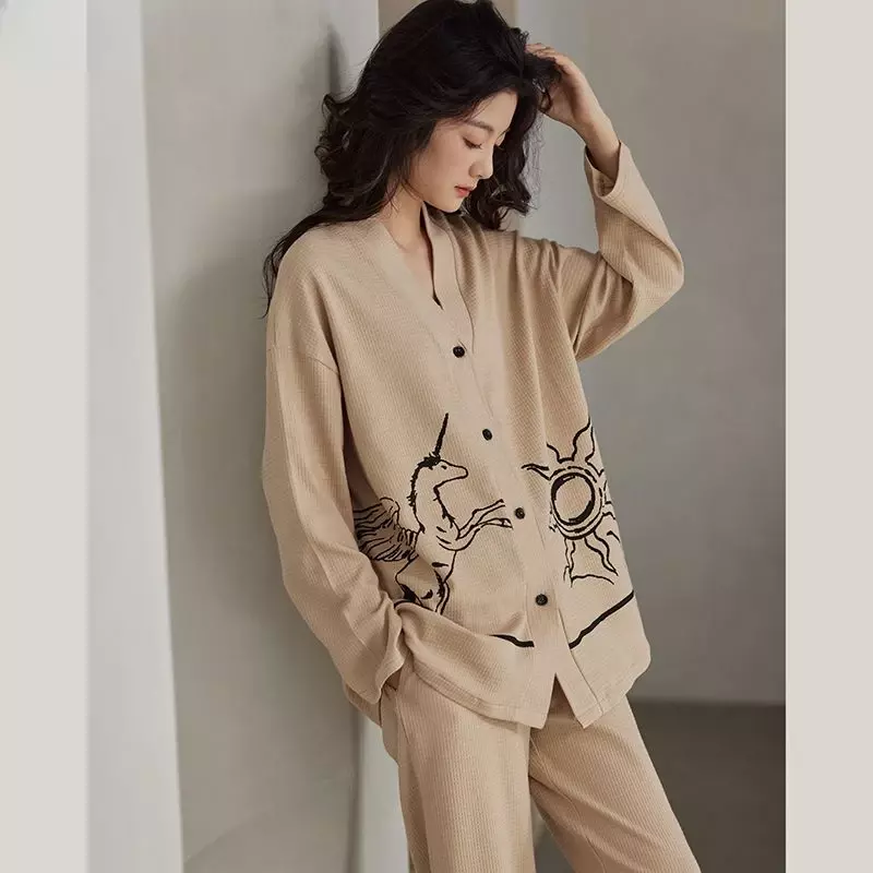 Пижамный комплект женский с длинным рукавом, Модная хлопковая повседневная одежда для сна с принтом в Корейском стиле, домашняя одежда, весна-осень