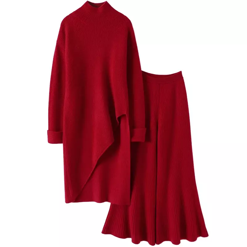 Camisola longa assimétrica e calças flare 100% Conjunto de 2 peças de caxemira para mulheres, roupas quentes de grife, última moda, inverno