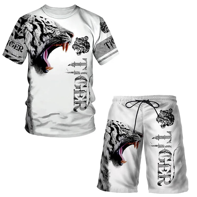 Ensemble de T-shirt à Manches Courtes et Col Rond pour Homme, Vêtement de Plage Cool, à la Mode, avec Tigre Imprimé en 3D