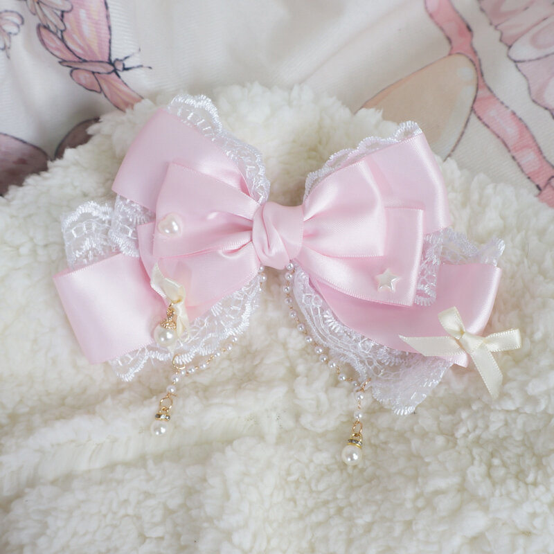 Tocado de Lolita con lazo de encaje grande, accesorios de cabello de princesa linda, rosa perla KC