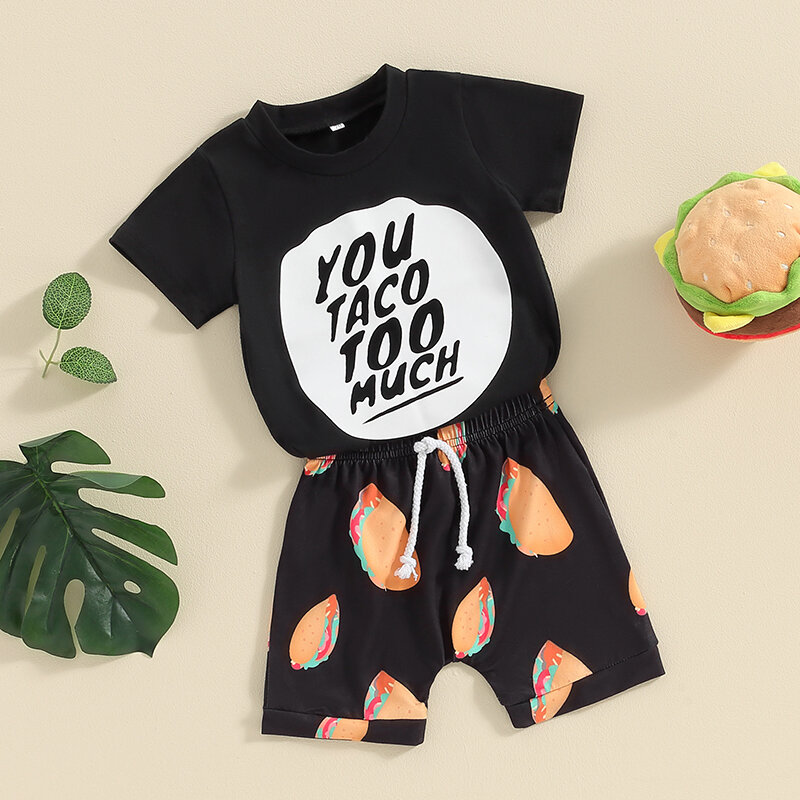 Bebê meninos manga curta letras impressão t-shirt, Taco Print Shorts Set, roupa de verão