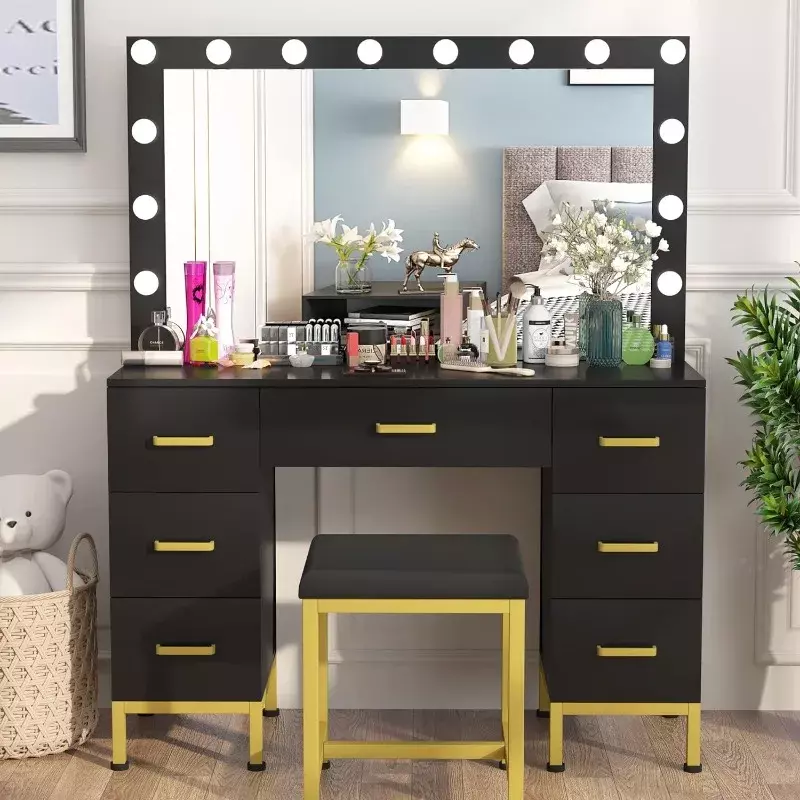 Vanity Set with Lighted Mirror, 44'' Makeup Dressing Table, Vanity Desk Black Vanity with Cushioned Stool & 7 Drawers