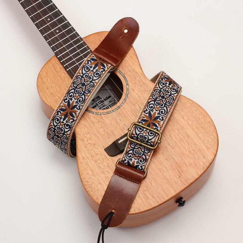 Tali gitar bordir dapat disesuaikan gaya antik tali bahu Ukulele dapat disesuaikan dan segala tujuan pola bunga indah