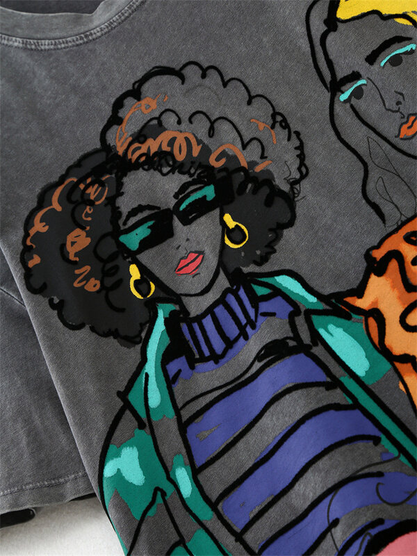 Camiseta informal holgada de algodón con estampado Retro, Jersey gris con patrón de niña, parte inferior versátil, Top de manga corta a la moda