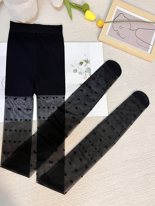 Bas élastiques noirs pour femmes, collants Lolita, chaussettes hautes serrées, bonne lingerie, coeur, pois, sexy, 7.0
