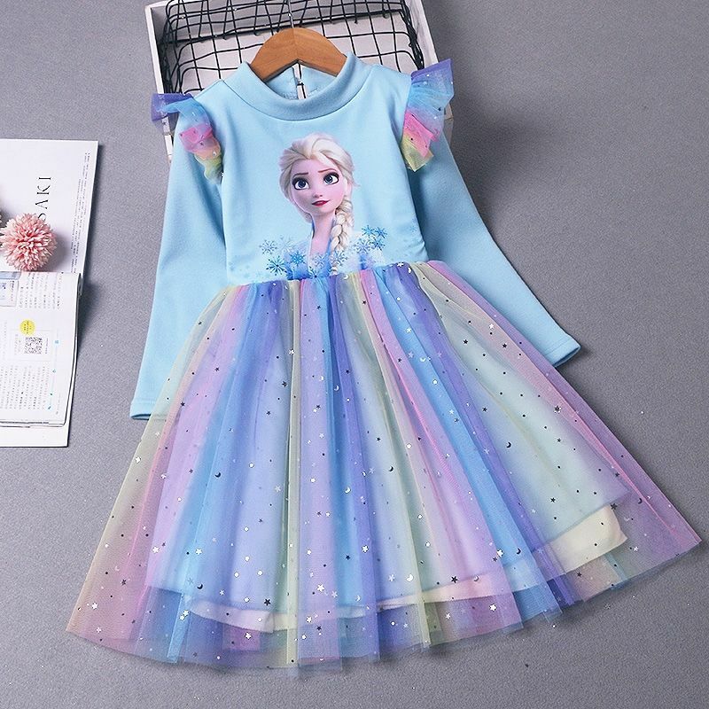2024 neue Prinzessin Kleid Mädchen Kleid Frühling Herbst Kinder Kleid lang ärmelig für Kinder Party kleidung elsa gefrorenes Kleid 2-9y